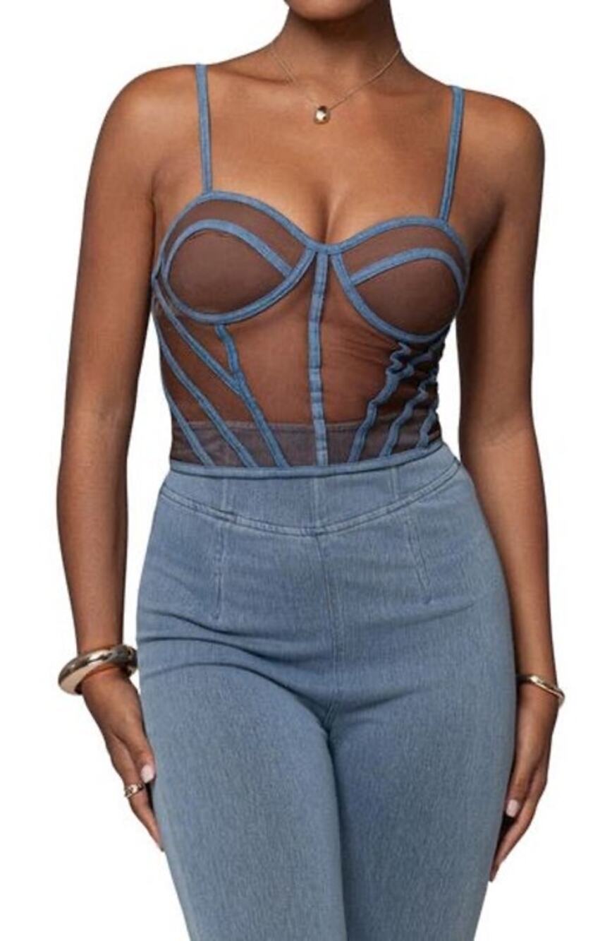 J Lux Label Blue Denim Mesh Lace Up Corset Top Women's XL NWOT